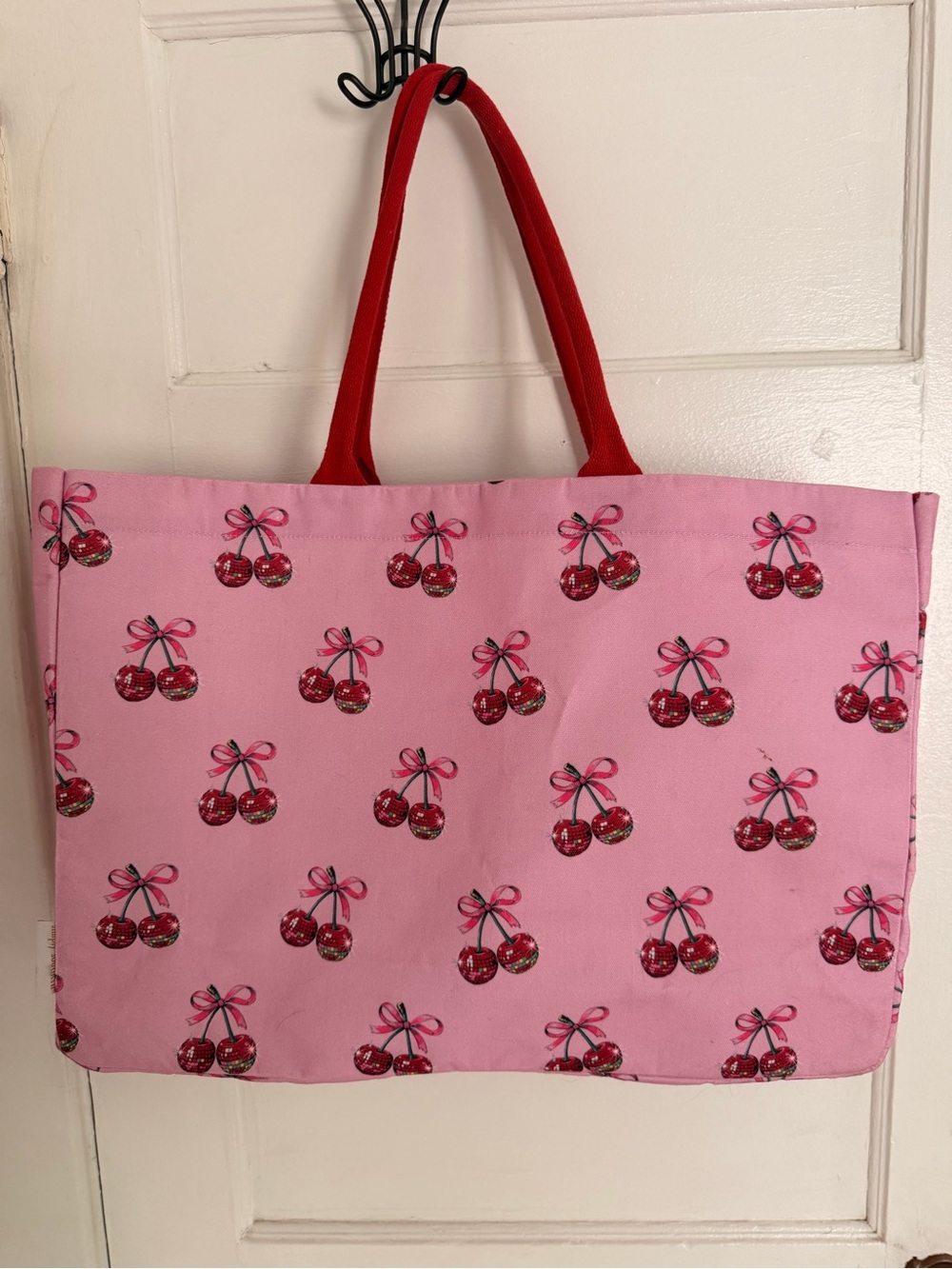 Simply Southern Pink Cherry Print Tote with Red Handles